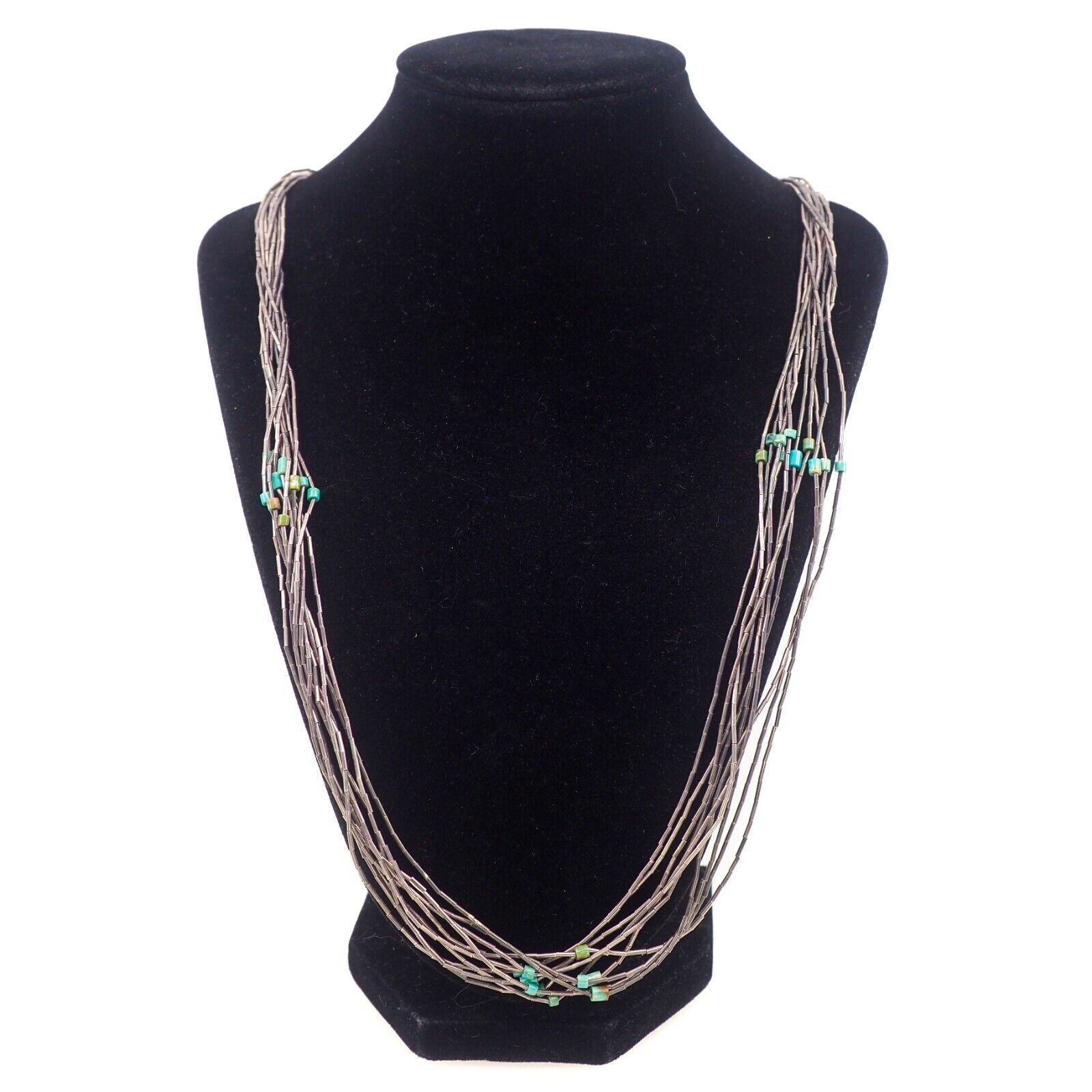 Vintage 1970s Liquid Silver 10 Strand Sterling and Turquoise Bead 25" Necklace