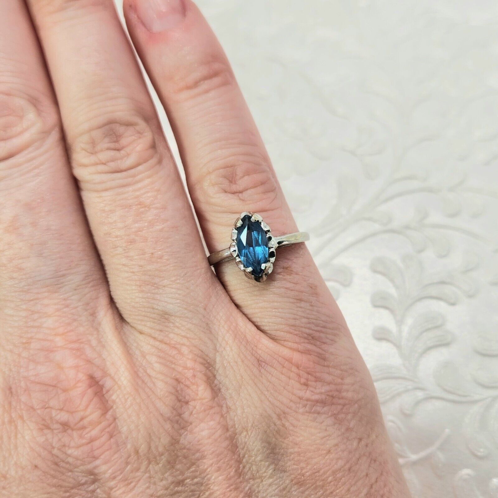 Vintage 1970s Marquise Blue Lab Created Spinel and 10K Ring 6.25