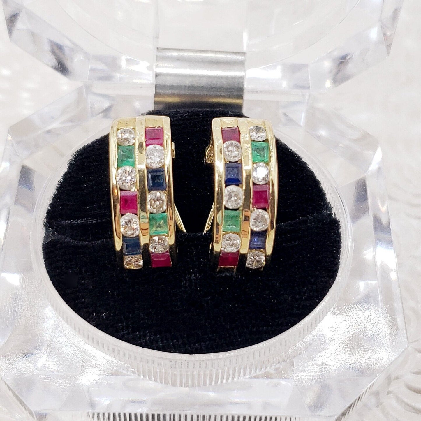 Vintage 1980s Ruby, Sapphire, Diamond, Emerald, and 14K Yellow Gold Earrings