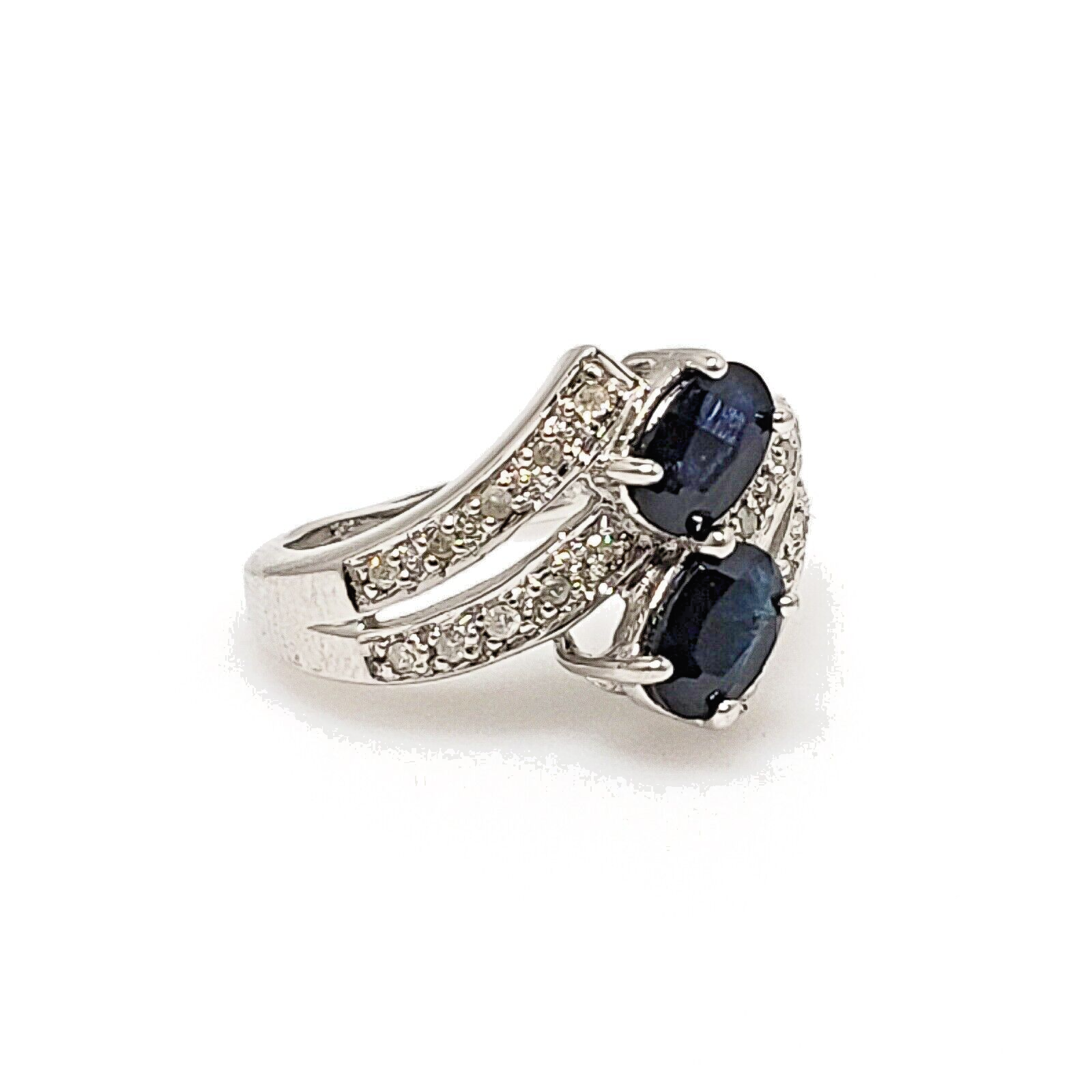 Vintage 1990s Blue Sapphire, Diamond, 10K White Gold Bypass Ring Size 4.75