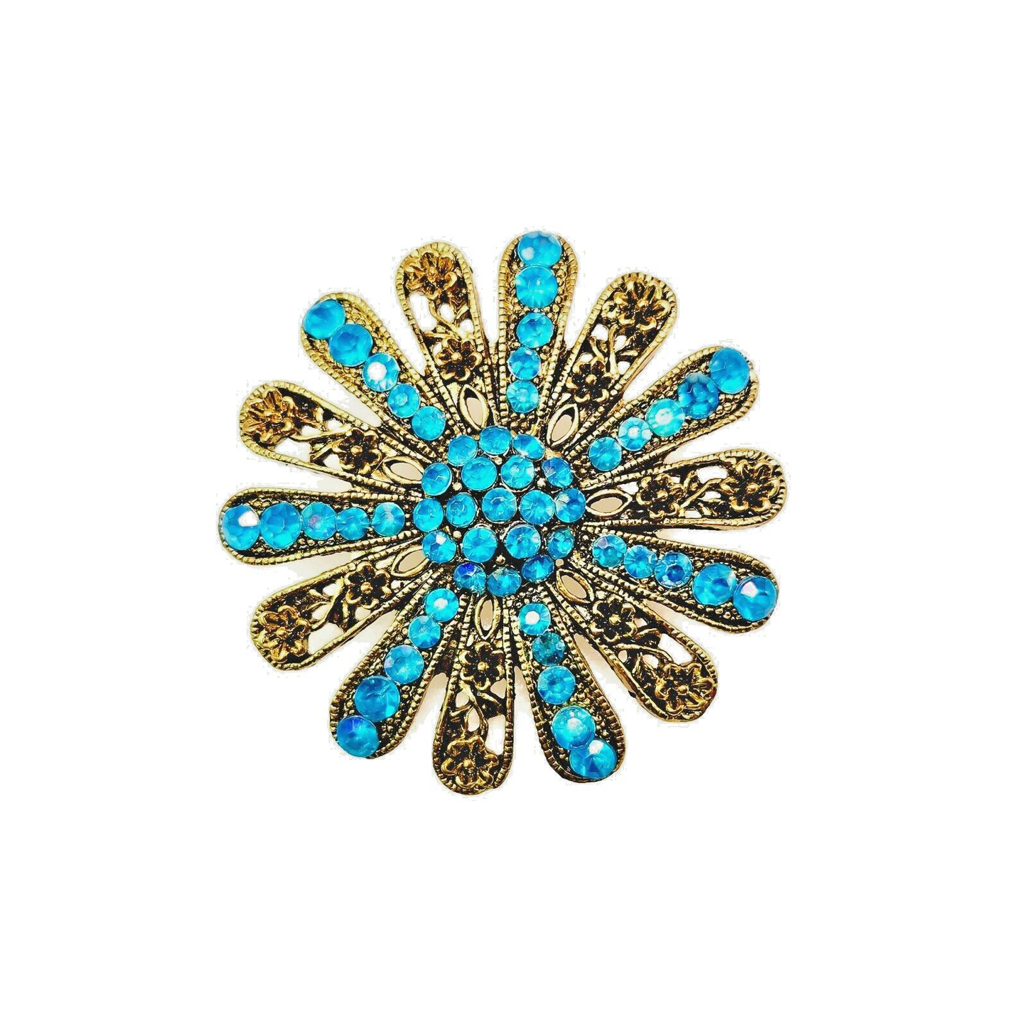 Vintage 1980s Turquoise Aurora Borealis Rhinestone and Gold Tone Flower Brooch