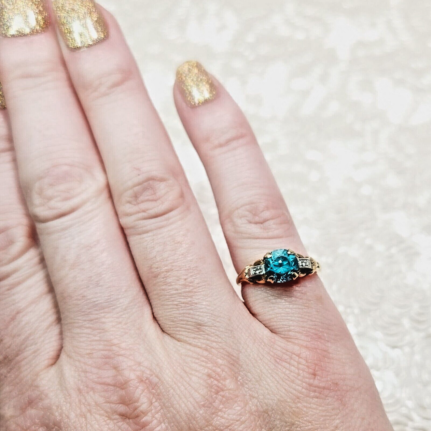 Vintage 1930s Art Deco Blue Zircon, Diamond, and Two 10K Gold Ring Size 5.75