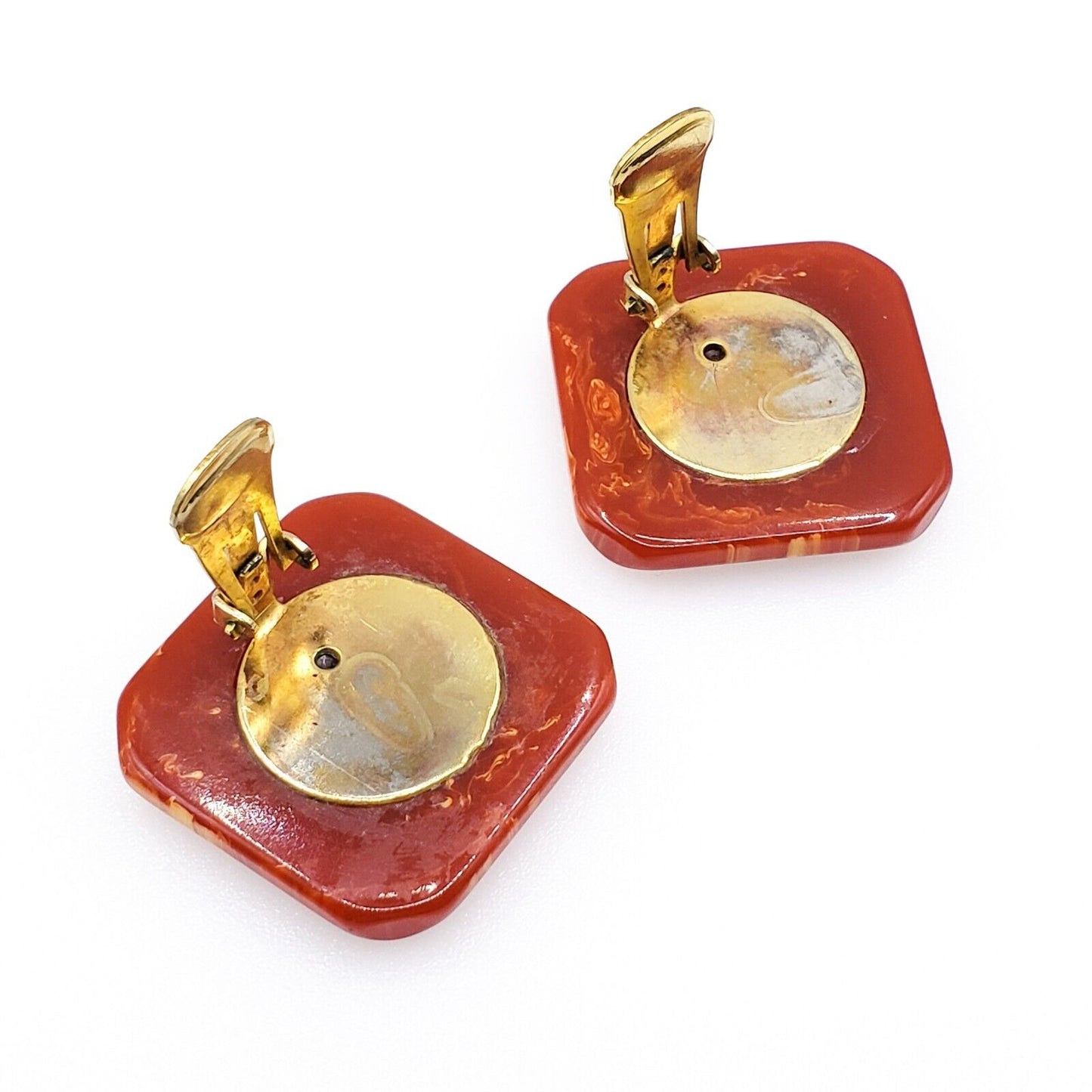 Vintage 1930s Red and Yellow Molted Bakelite Mismatched Clip On Earrings