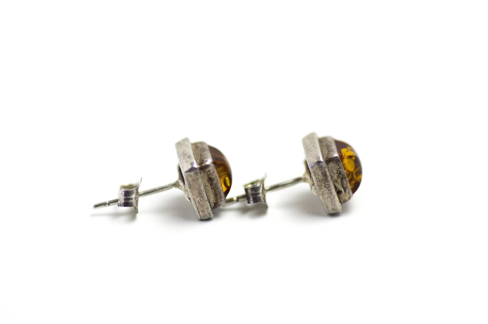 Vintage 1980s Amber and Sterling Silver Small Stud Earrings