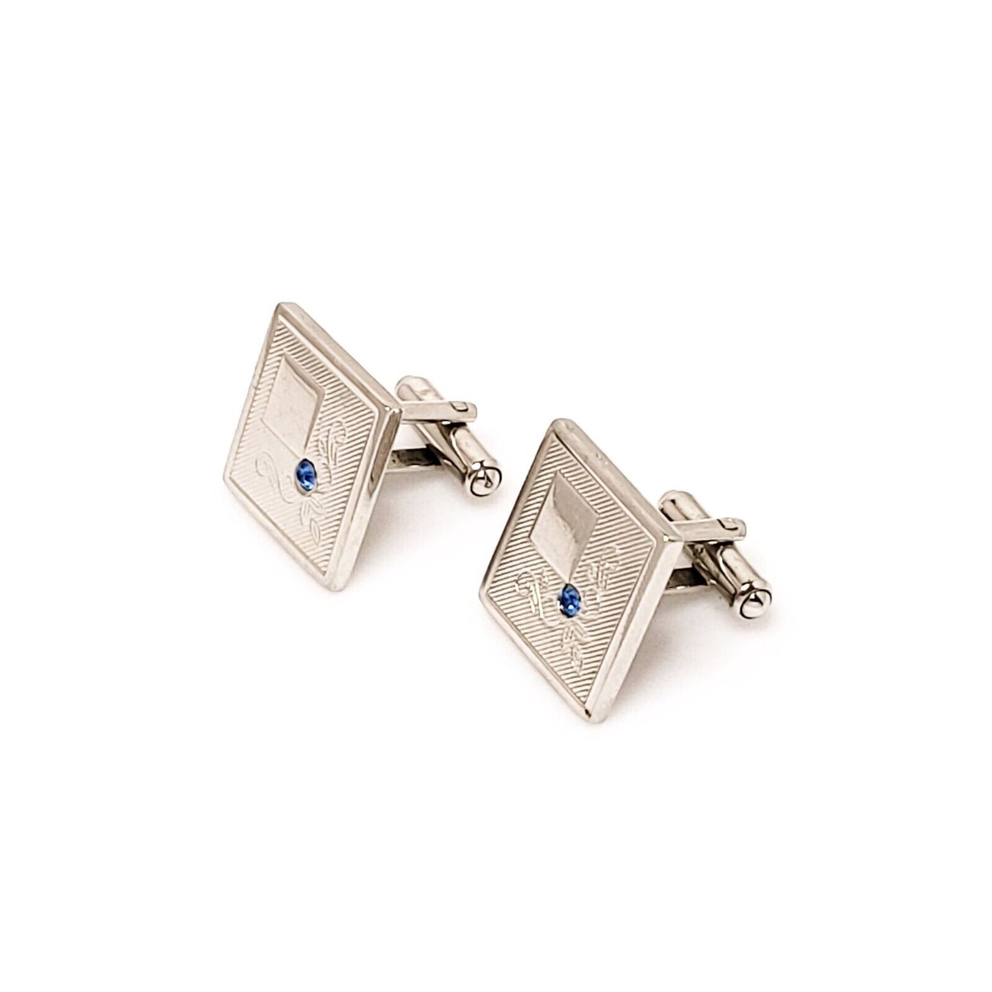 Vintage 1960s Blue Rhinestone and Silver Tone Flower Square Cuff Links