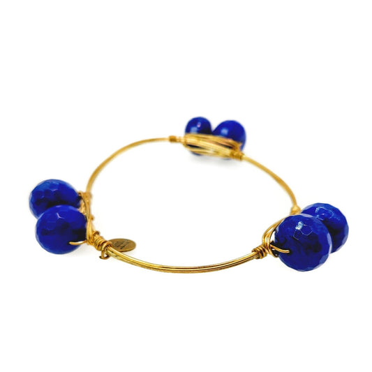 Bourbon and Boweties Blue Bead Gold Plate Statement Bangle Bracelet 8.5"