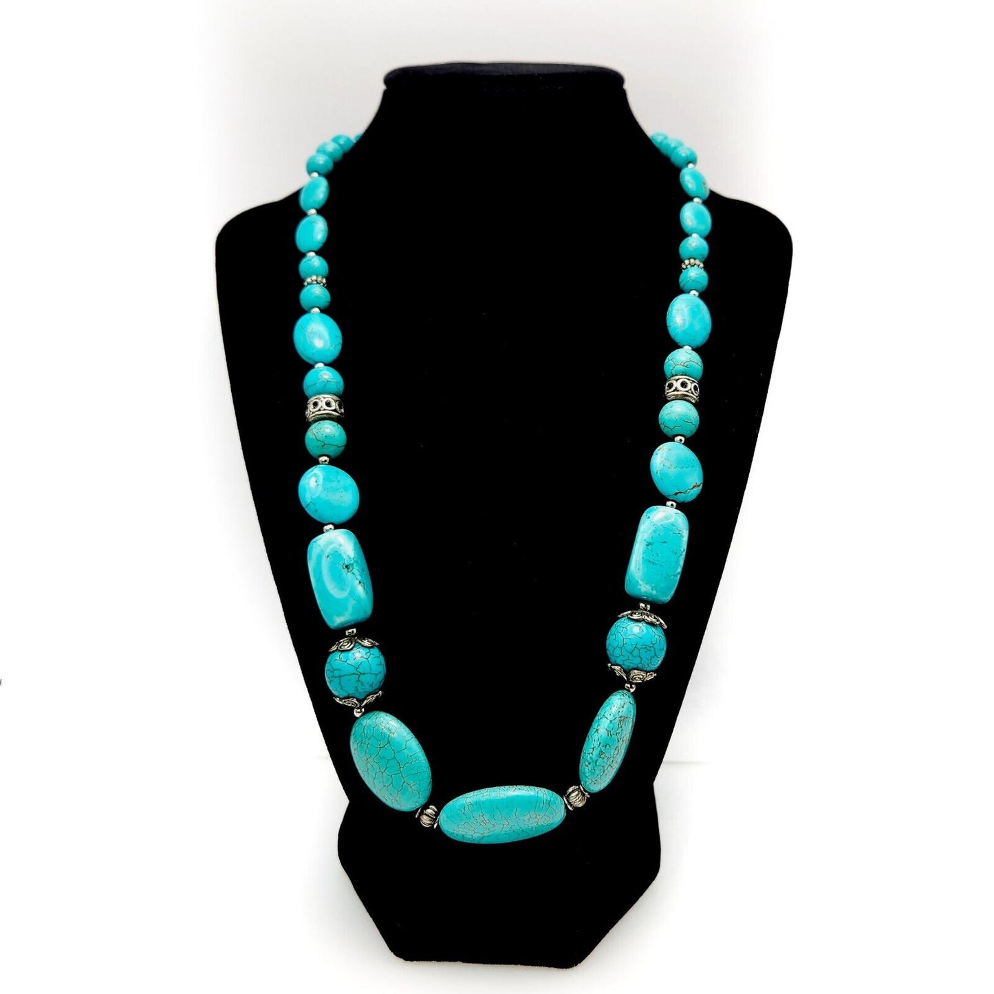 Vintage 1990s Turquoise Blue Dyed Howlite and Silver Plate Graduated Bead 22" Ne