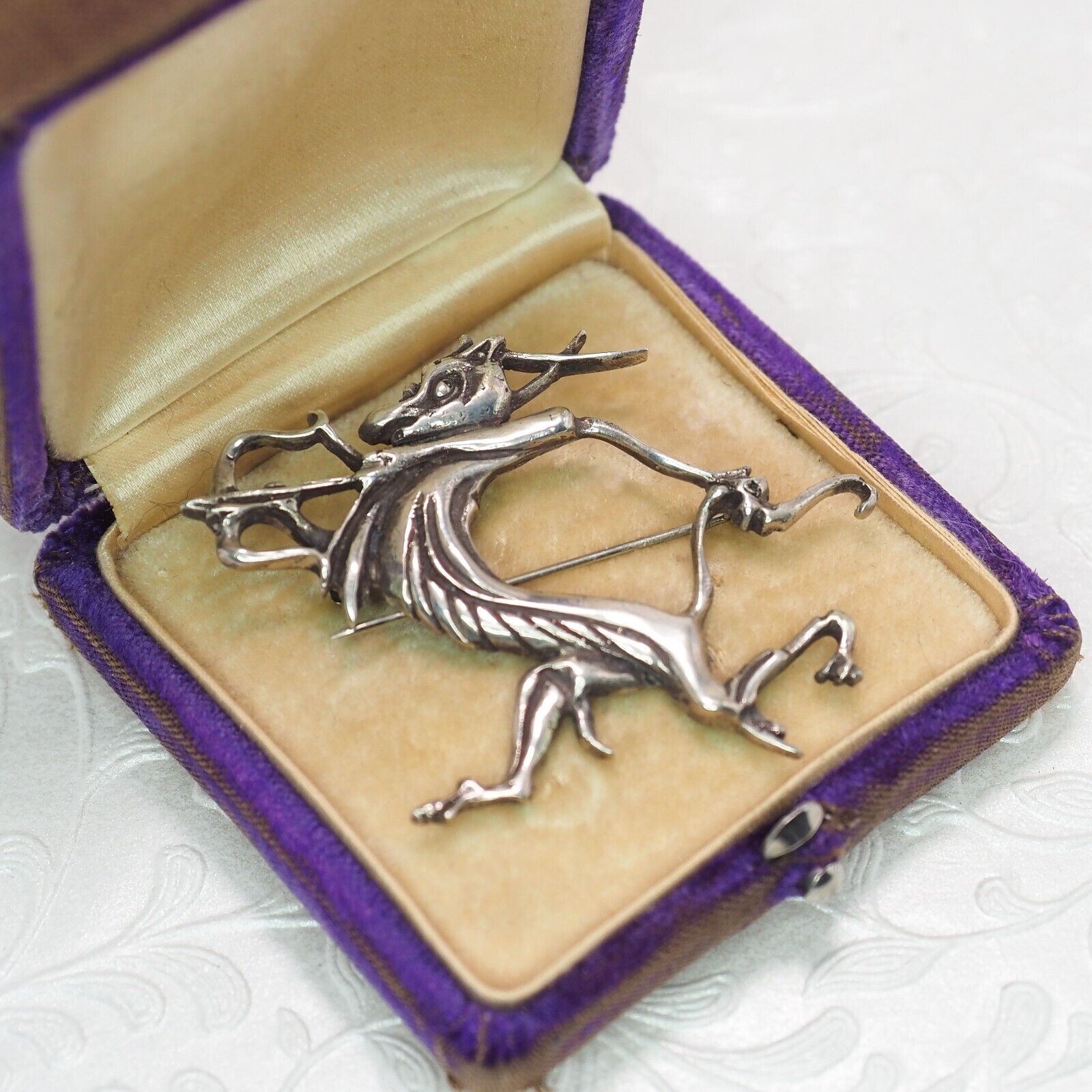 Vintage 1960s Unusual Animal Archer Silver Plate Brooch