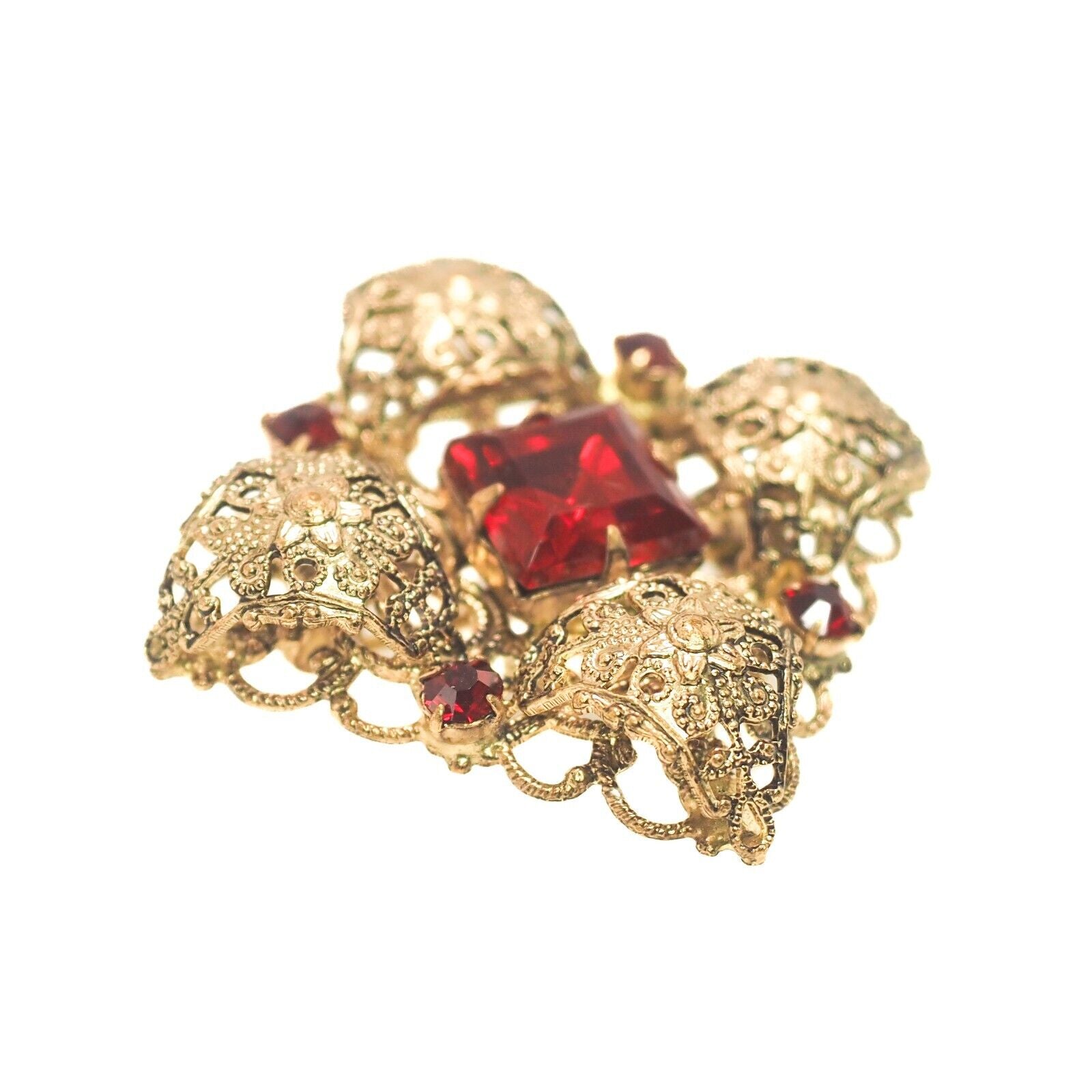 Vintage 1960s Red Rhinestone and Gold Tone Renaissance Revival Brooch