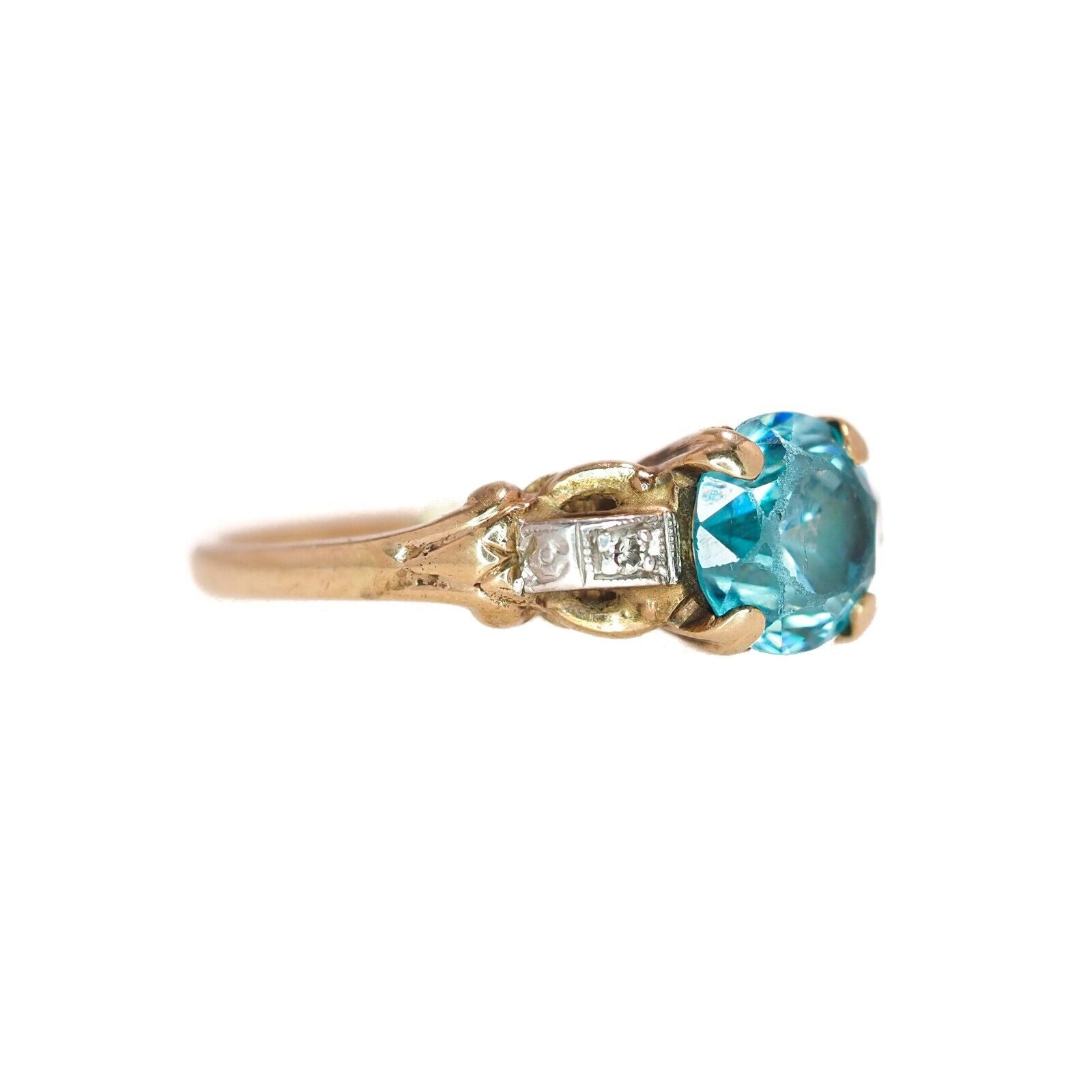 Vintage 1930s Art Deco Blue Zircon, Diamond, and Two 10K Gold Ring Size 5.75