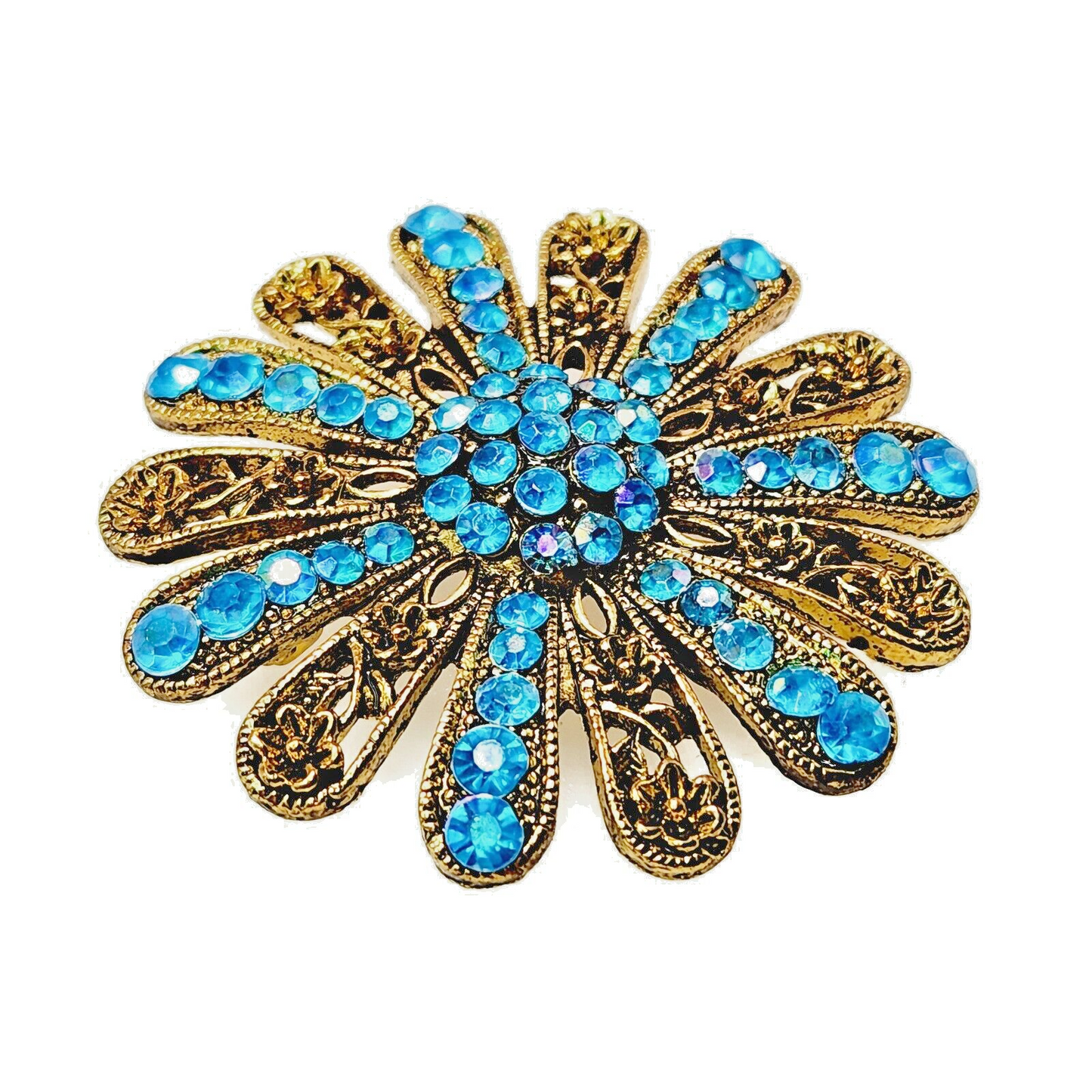 Vintage 1980s Turquoise Aurora Borealis Rhinestone and Gold Tone Flower Brooch