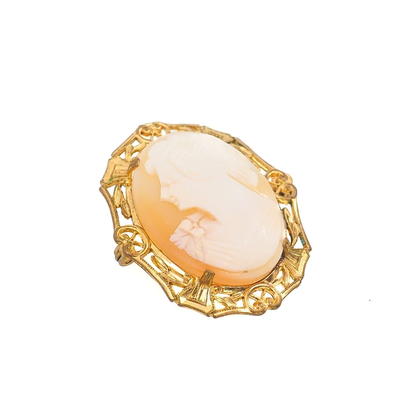 Antique 1910s Shell and Gold Filled Cameo Pink Hand Carved Brooch