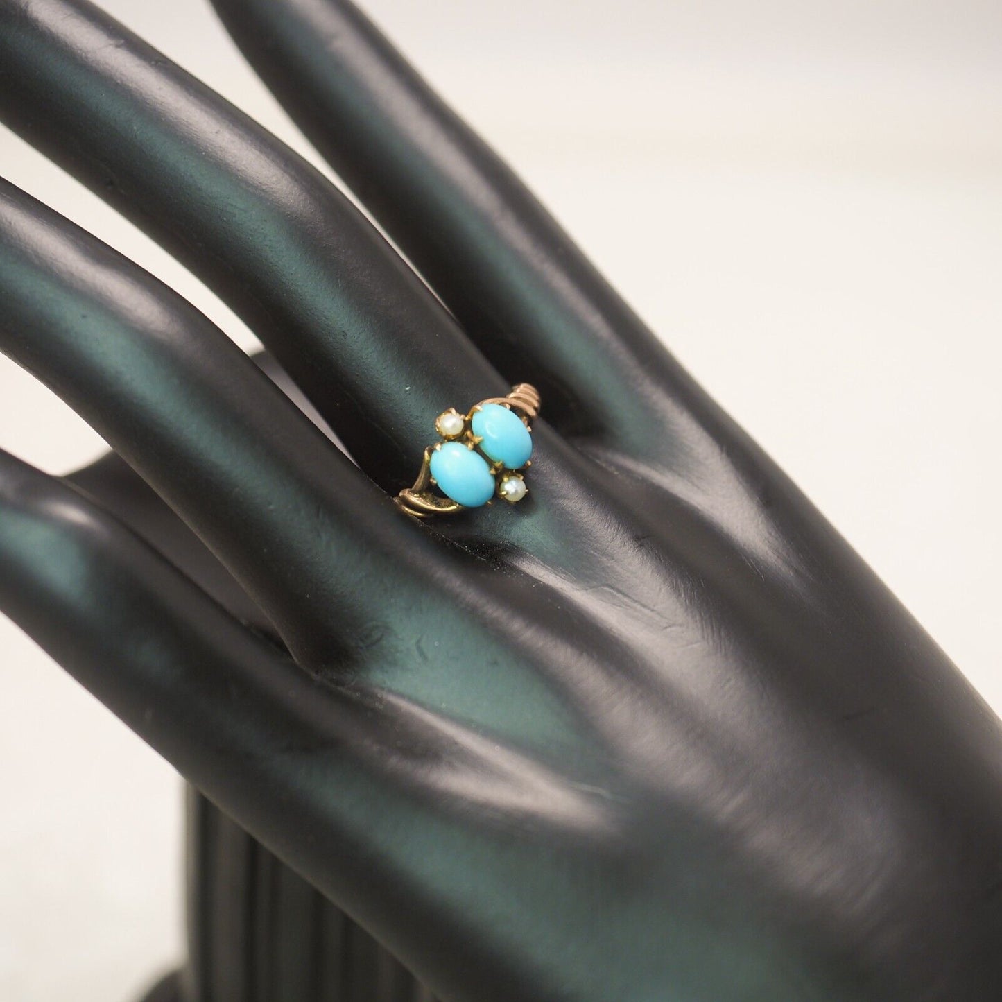 Antique 1890s Victorian Turquoise, 14K Gold, and Seed Pearl Ring Size 8.25