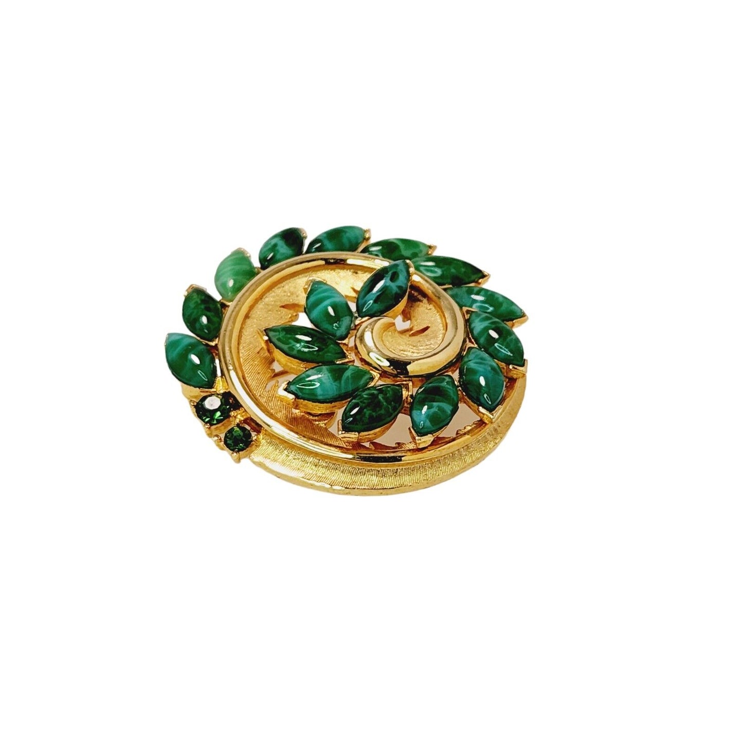 Vintage 1960s Green Glass and Gold Plate Flower Brooch