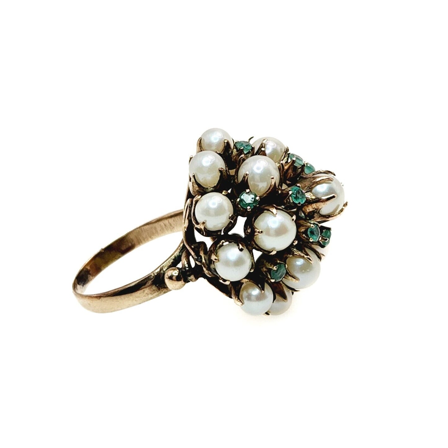 Vintage 1950s Emerald, Cultured Akoya Pearl, and 10K Yellow Gold Cocktail Ring 