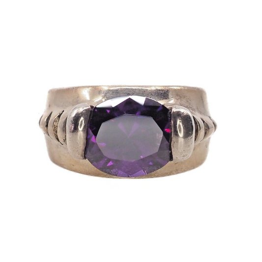 Vintage 1970s Dark Purple Color Change Glass and Sterling Statement Ring Size 7