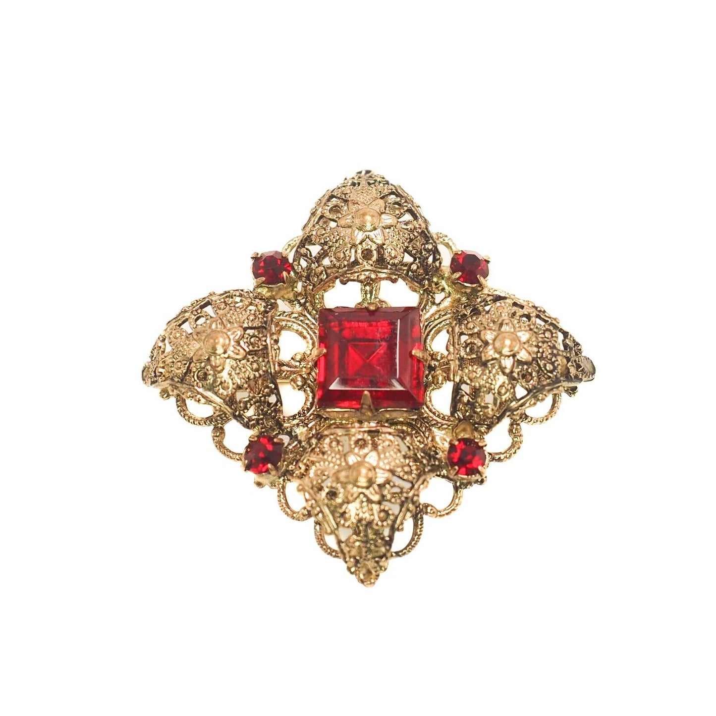 Vintage 1960s Red Rhinestone and Gold Tone Renaissance Revival Brooch