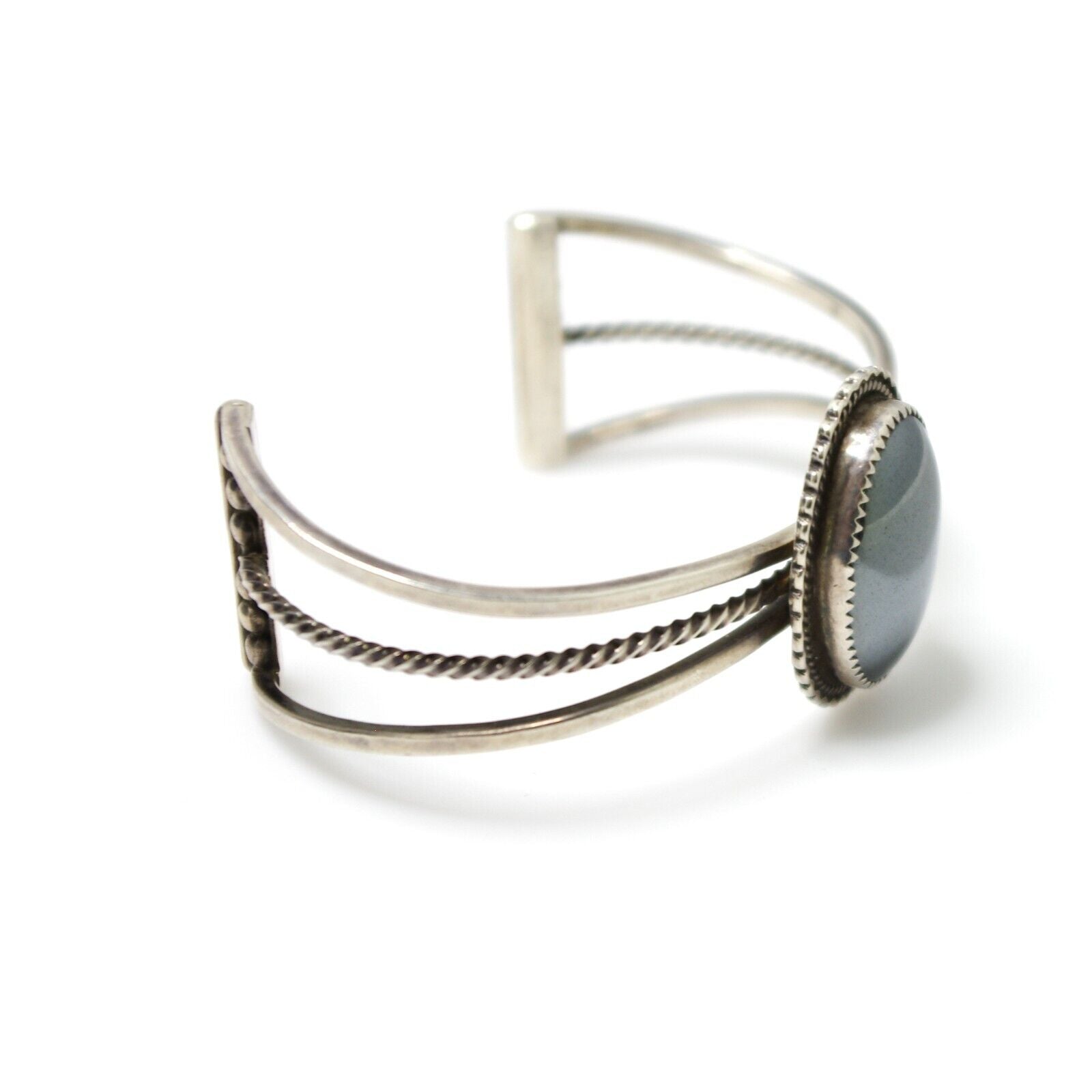 Vintage 1970s Hematite and Sterling Silver Rope Detail Cuff 6.5"