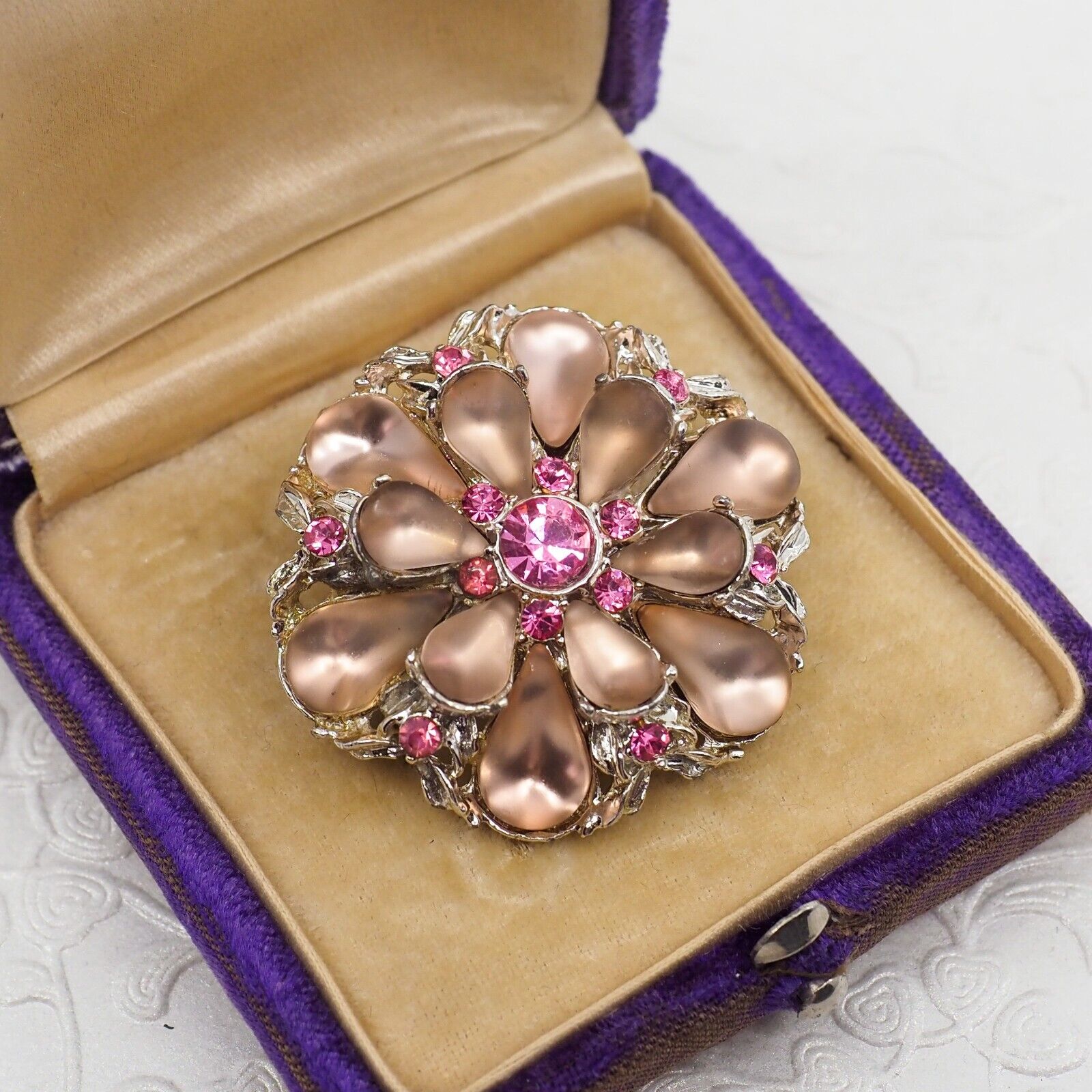 Vintage 1960s Pink and Fushia Rhinestone Cabochon Flower Brooch