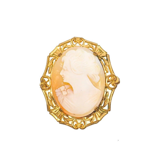 Antique 1910s Shell and Gold Filled Cameo Pink Hand Carved Brooch