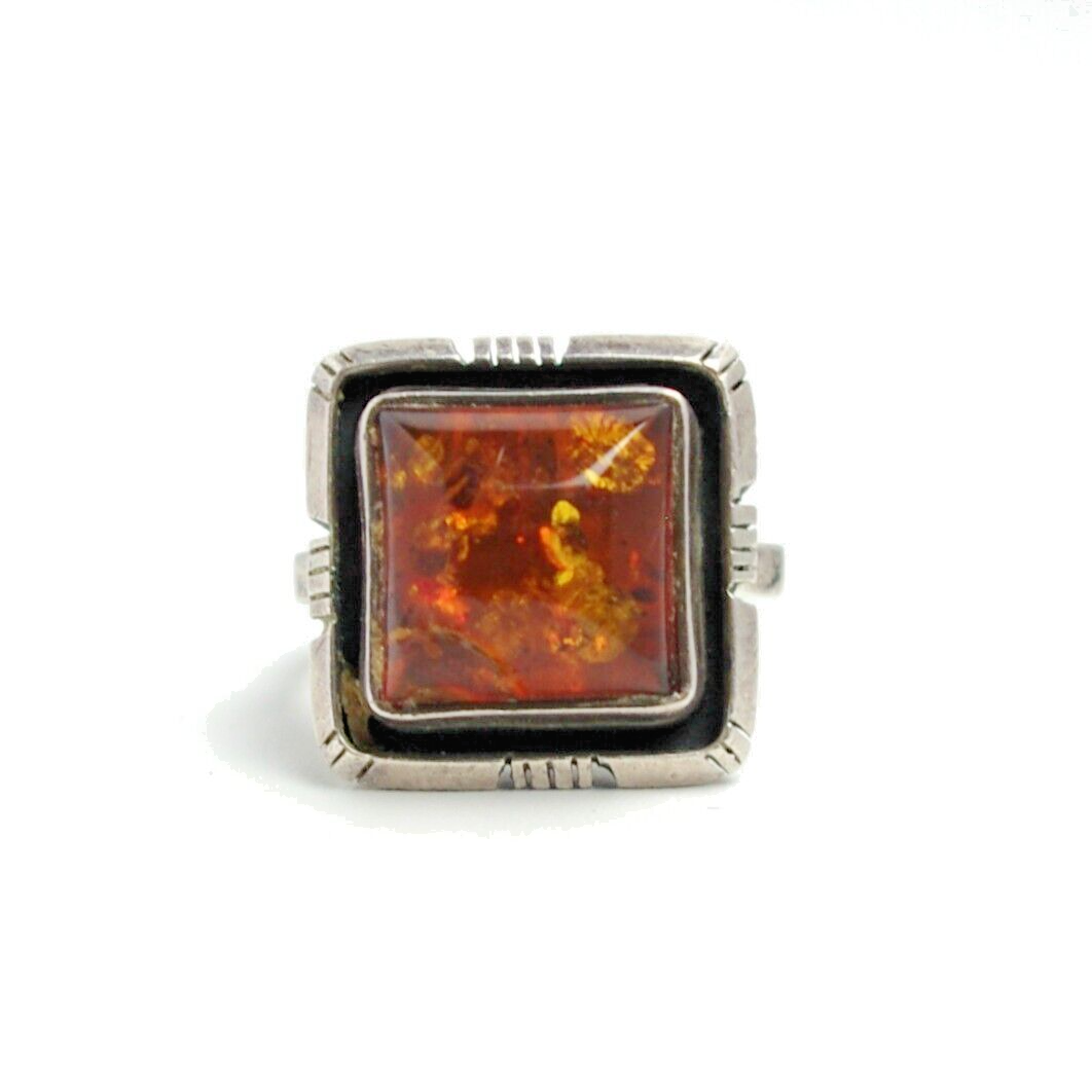 Vintage 1990s Square Sun Spangled Amber, Sterling Silver Ring Size 7.75