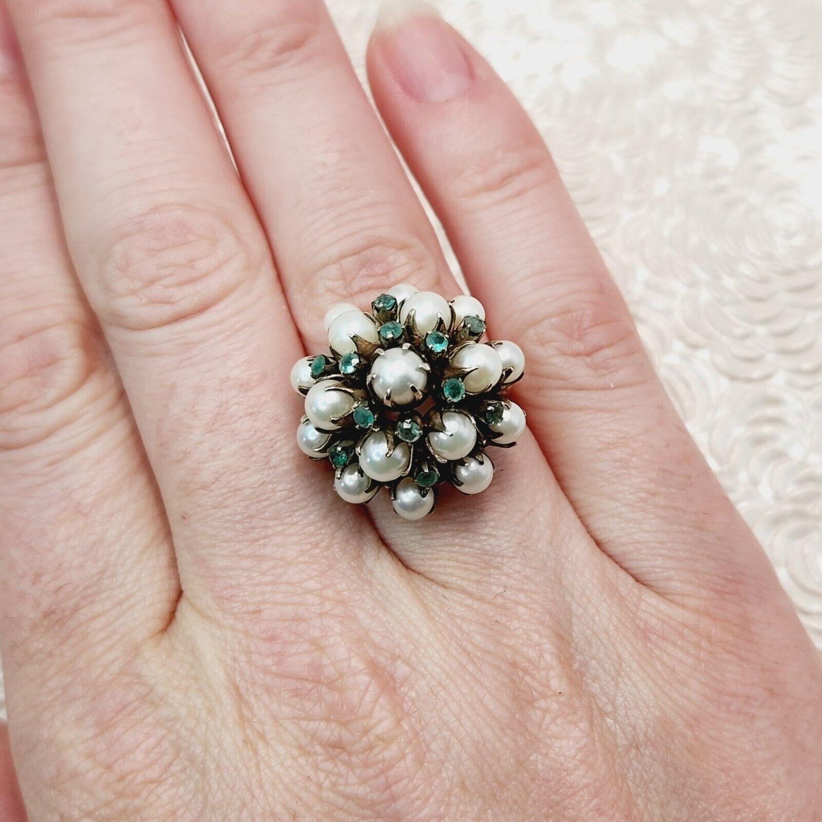 Vintage 1950s Emerald, Cultured Akoya Pearl, and 10K Yellow Gold Cocktail Ring 