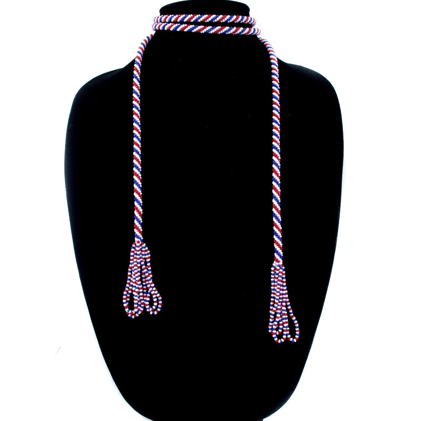 Antique 1920s Art Deco Red, White, and Blue Seed Bead Rope Long 58.5"Necklace