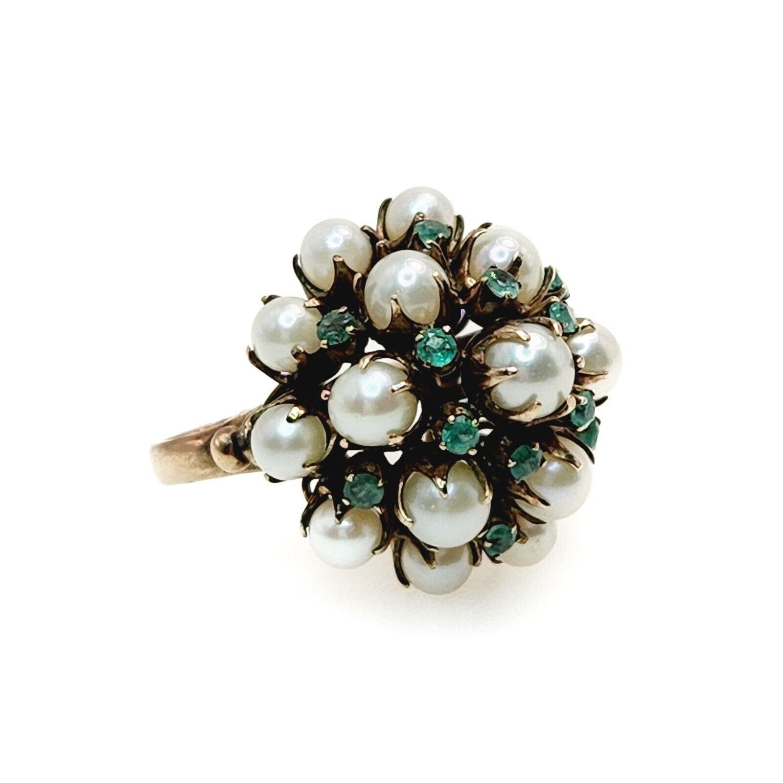 Vintage 1950s Emerald, Cultured Akoya Pearl, and 10K Yellow Gold Cocktail Ring 