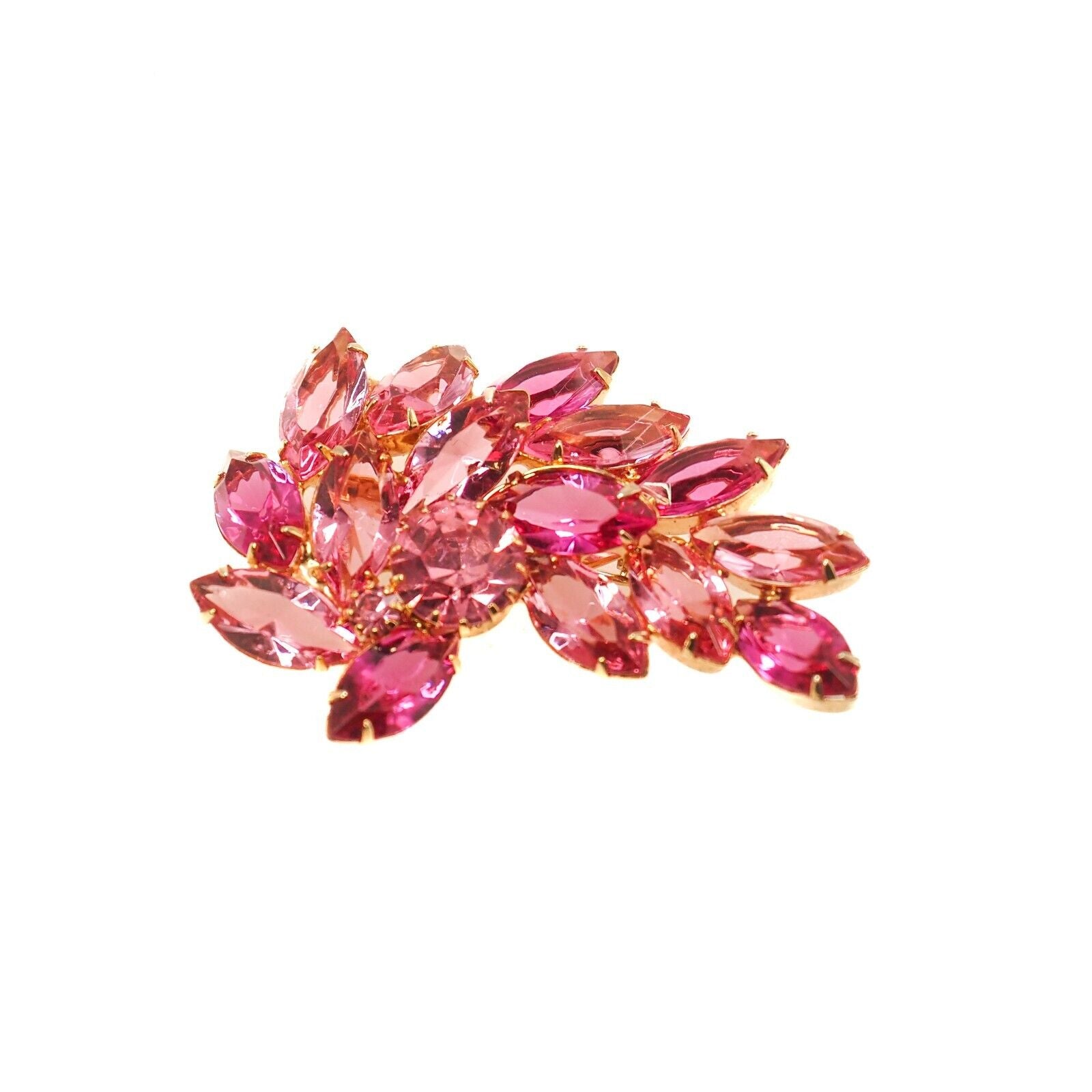 Vintage 1960s Pink Rhinestone and Yellow Gold Plate Floral Spray Brooch