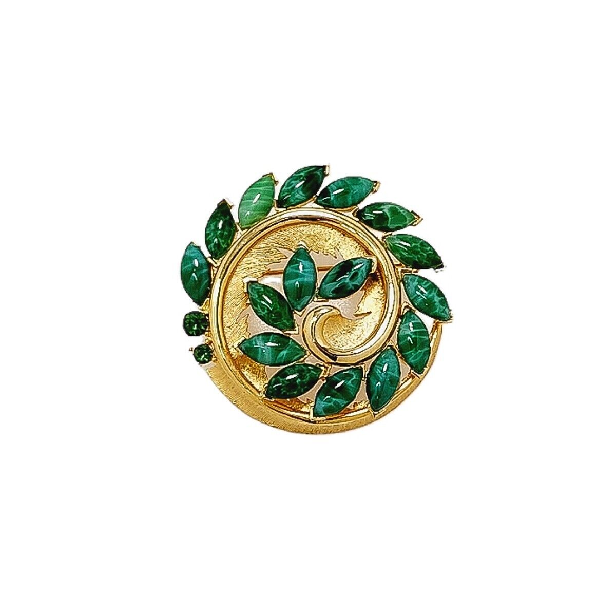 Vintage 1960s Green Glass and Gold Plate Flower Brooch