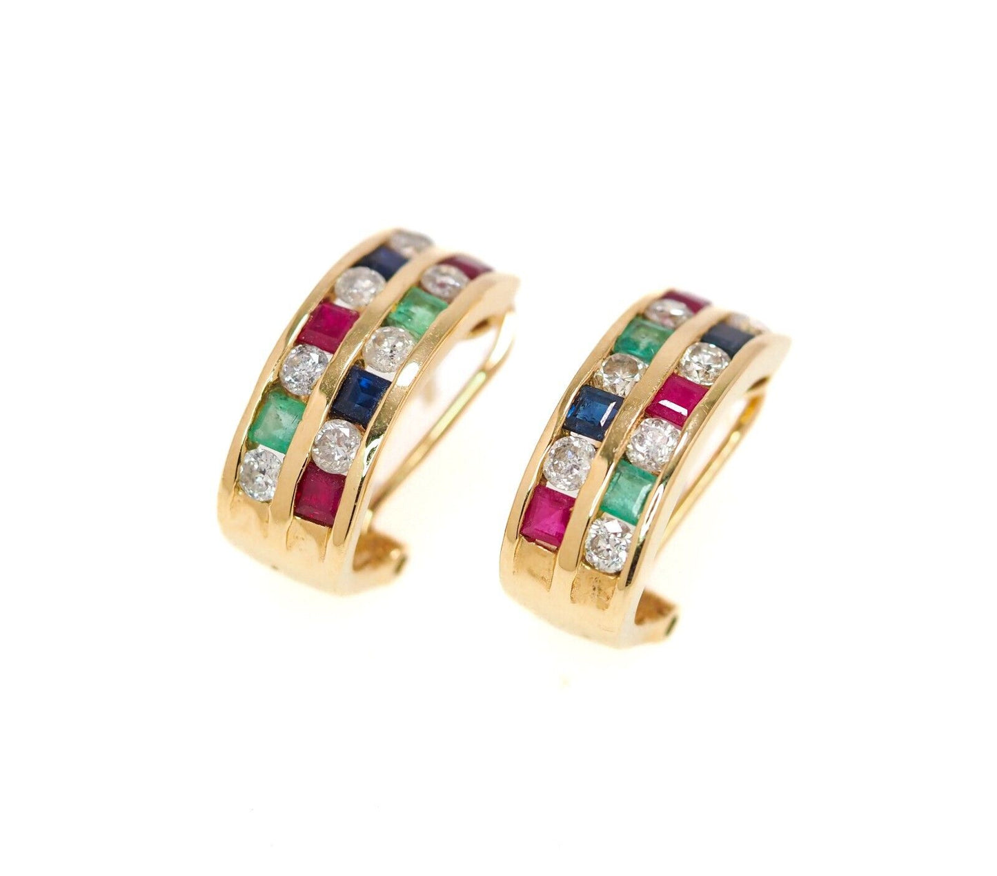 Vintage 1980s Ruby, Sapphire, Diamond, Emerald, and 14K Yellow Gold Earrings