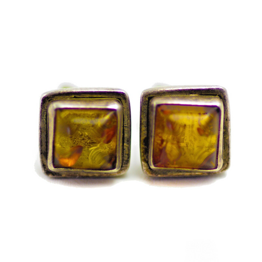 Vintage 1980s Amber and Sterling Silver Small Stud Earrings