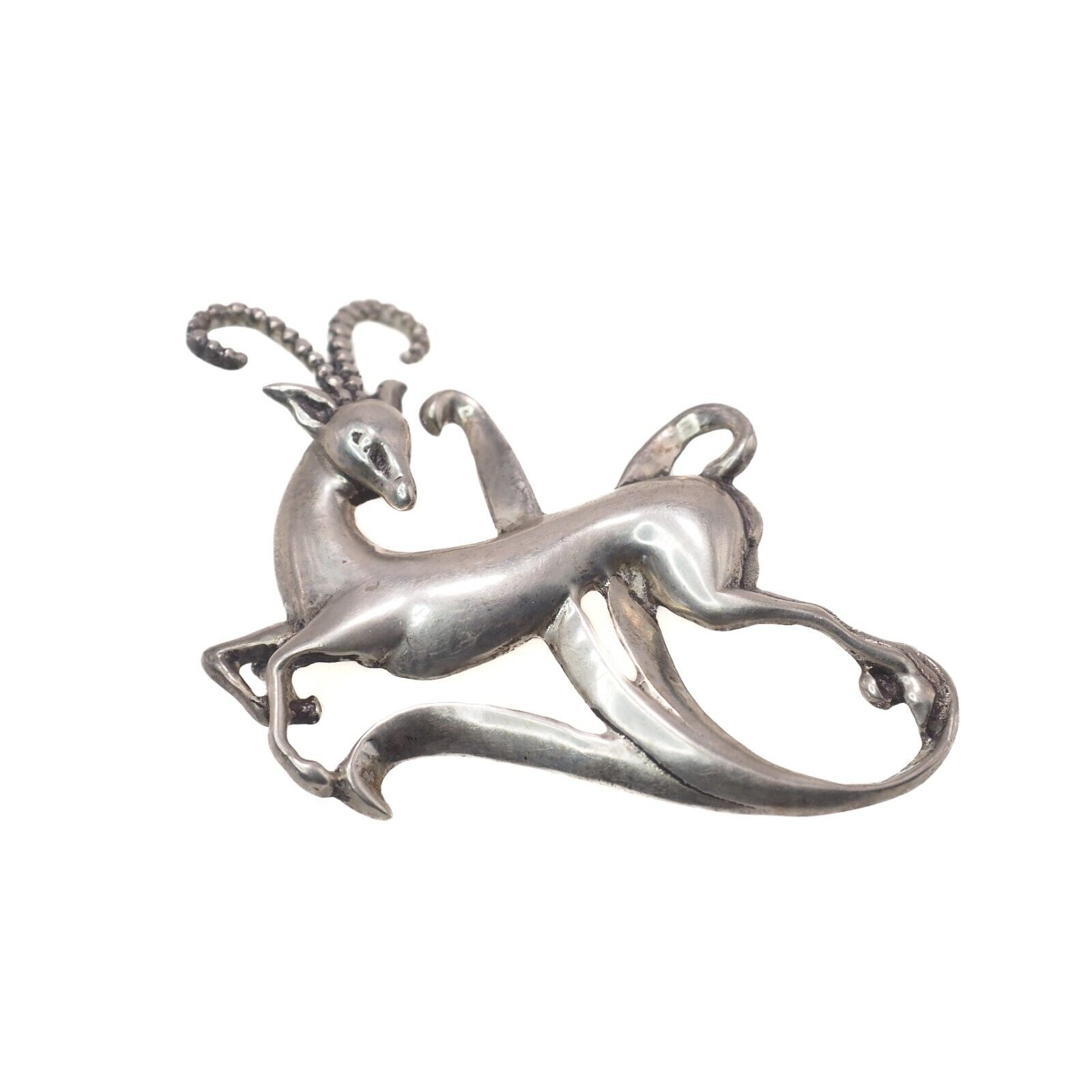 Antique 1920s Large Silver Animal Antelope Pin Unisex Brooch