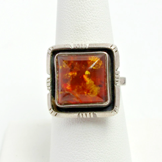 Vintage 1990s Square Sun Spangled Amber, Sterling Silver Ring Size 7.75