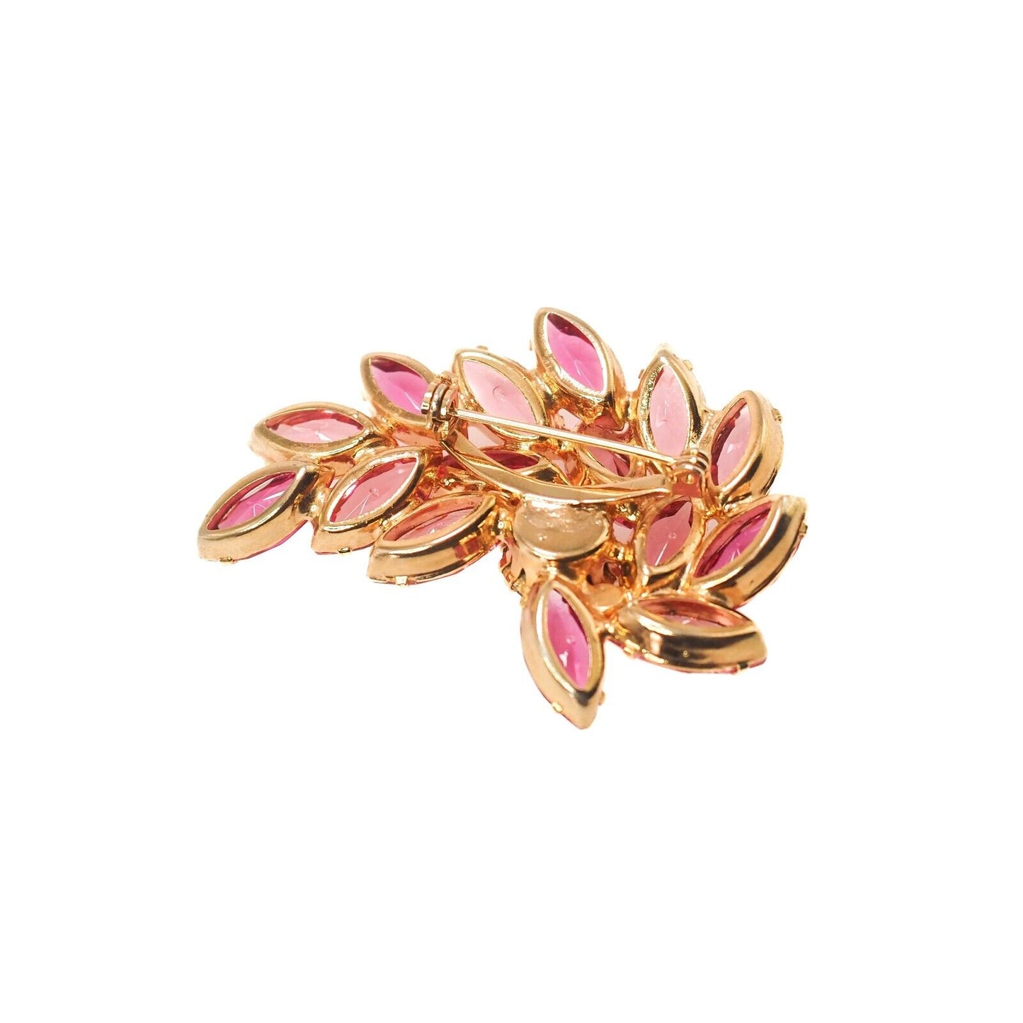 Vintage 1960s Pink Rhinestone and Yellow Gold Plate Floral Spray Brooch