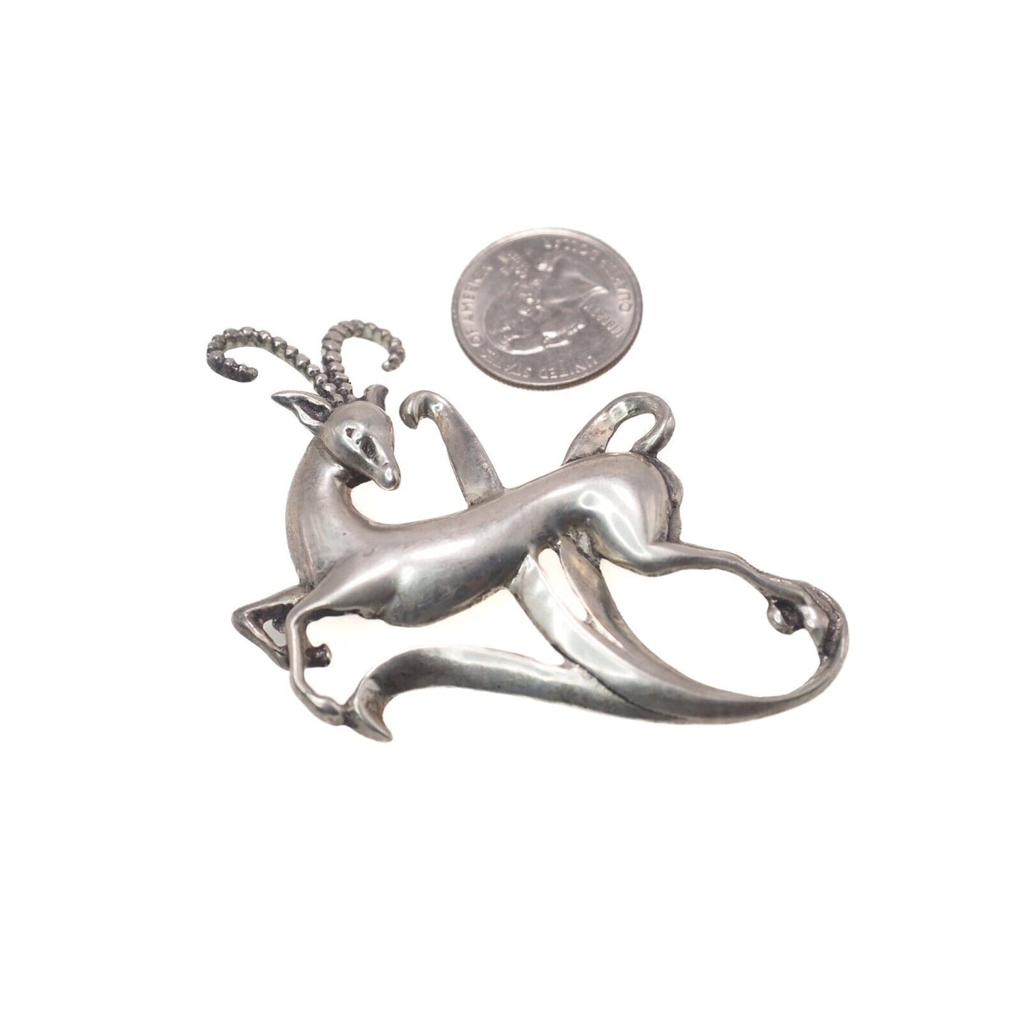 Antique 1920s Large Silver Animal Antelope Pin Unisex Brooch