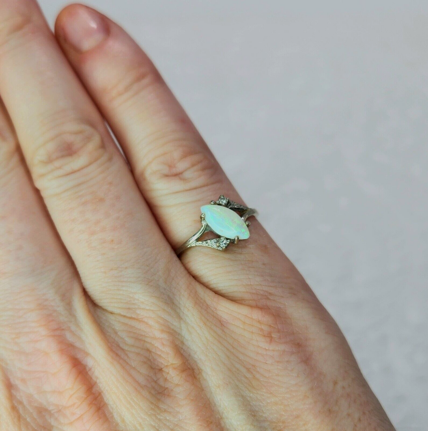 Vintage 70s Marquise-Cut Opal, Diamond, and 10K White Gold Ring Size 6.25