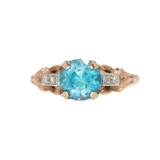 Vintage 1930s Art Deco Blue Zircon, Diamond, and Two 10K Gold Ring Size 5.75