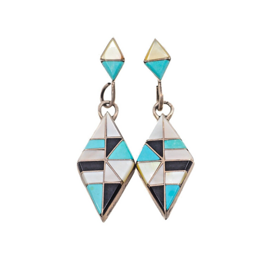 Vintage 1970s Zuni Sterling Silver Inlaid Turquoise, Onyx, and Shell Earrings