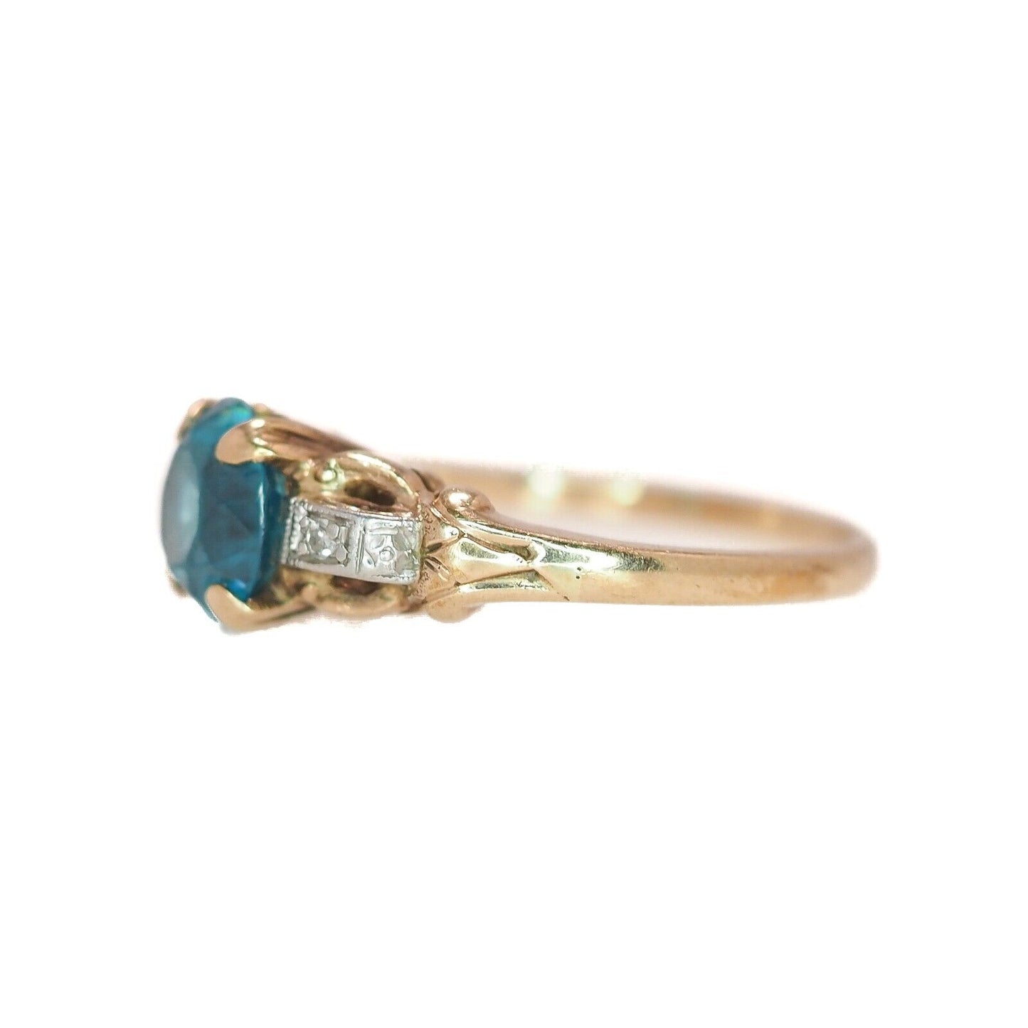 Vintage 1930s Art Deco Blue Zircon, Diamond, and Two 10K Gold Ring Size 5.75