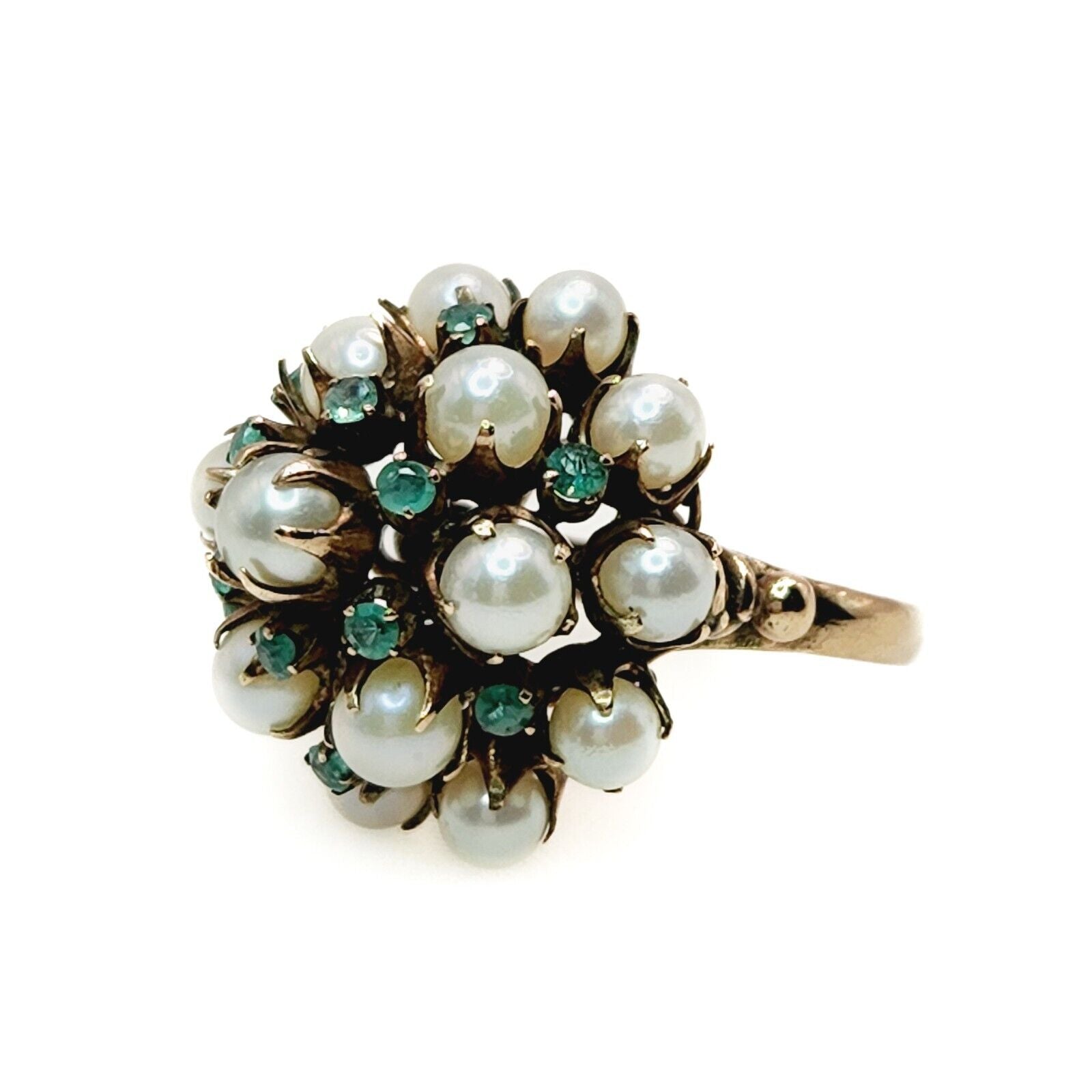 Vintage 1950s Emerald, Cultured Akoya Pearl, and 10K Yellow Gold Cocktail Ring 