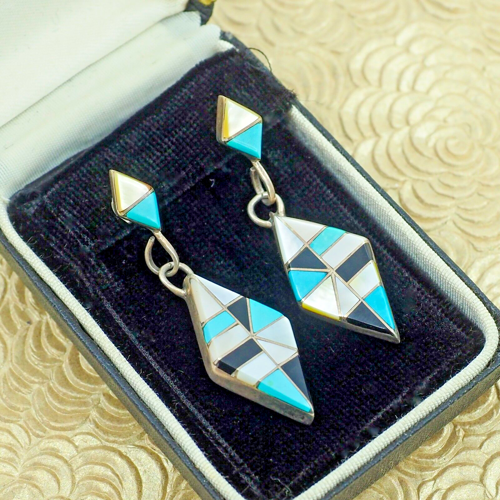 Vintage 1970s Zuni Sterling Silver Inlaid Turquoise, Onyx, and Shell Earrings