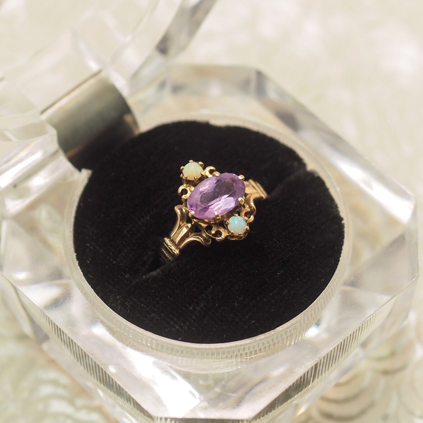 Antique 1900s Victorian Amethyst, Opal, and 14K Yellow Gold Ring Size 5.75