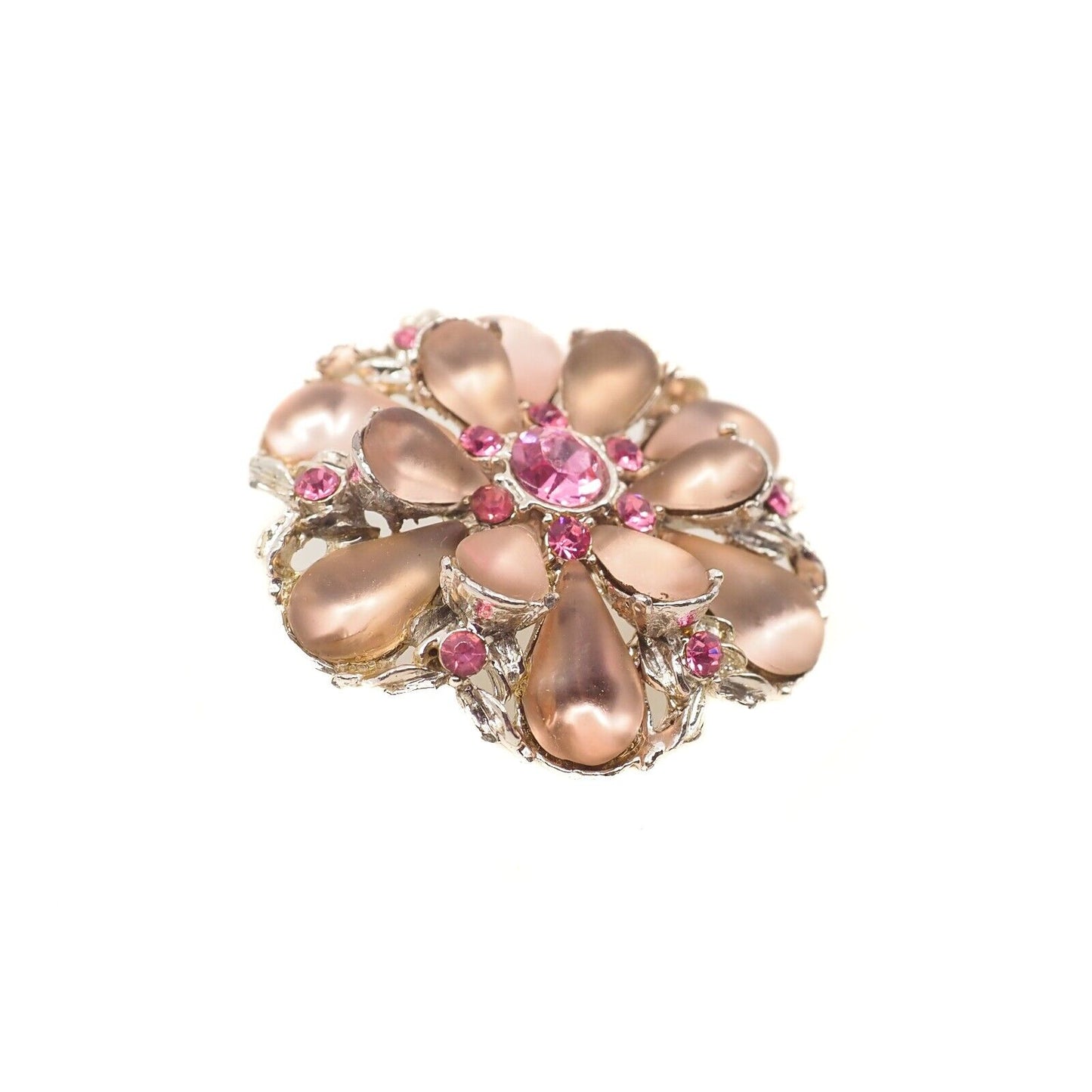 Vintage 1960s Pink and Fushia Rhinestone Cabochon Flower Brooch