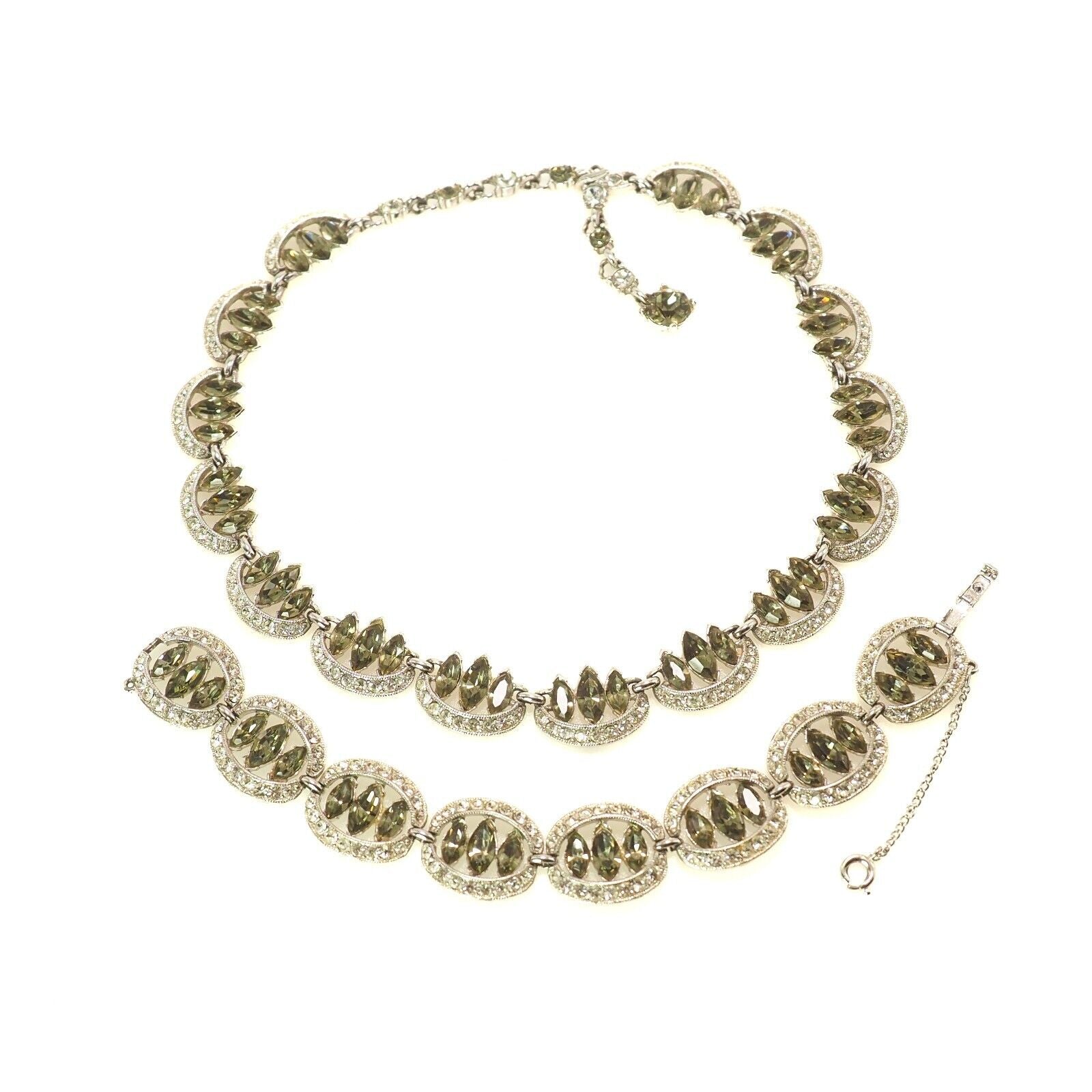 Vintage 50s BOGOFF Marquise Rhinestone and Silver Tone Necklace and Bracelet Set