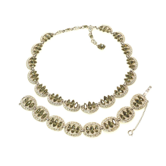 Vintage 50s BOGOFF Marquise Rhinestone and Silver Tone Necklace and Bracelet Set