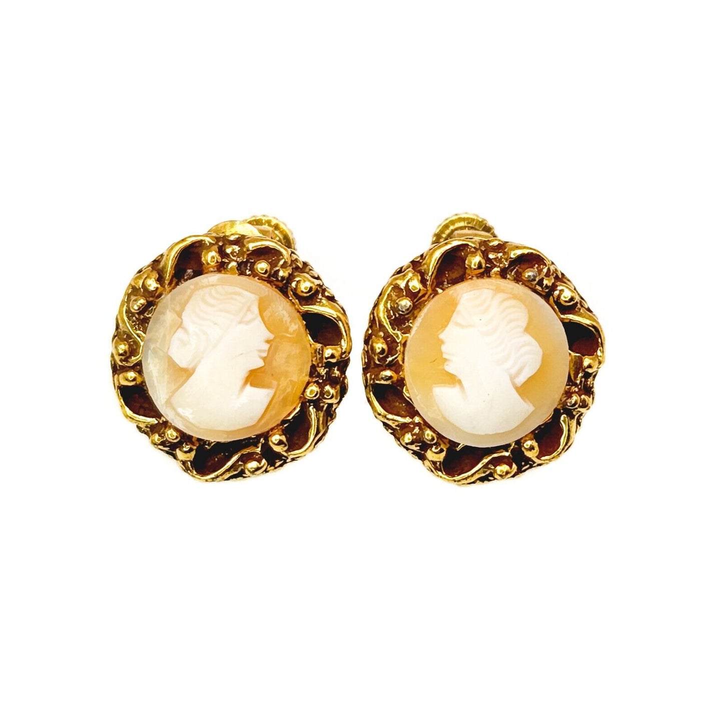 Vintage 1930s Shell Hand Carved Female Figure Cameo Screw Back Clip On Earrings