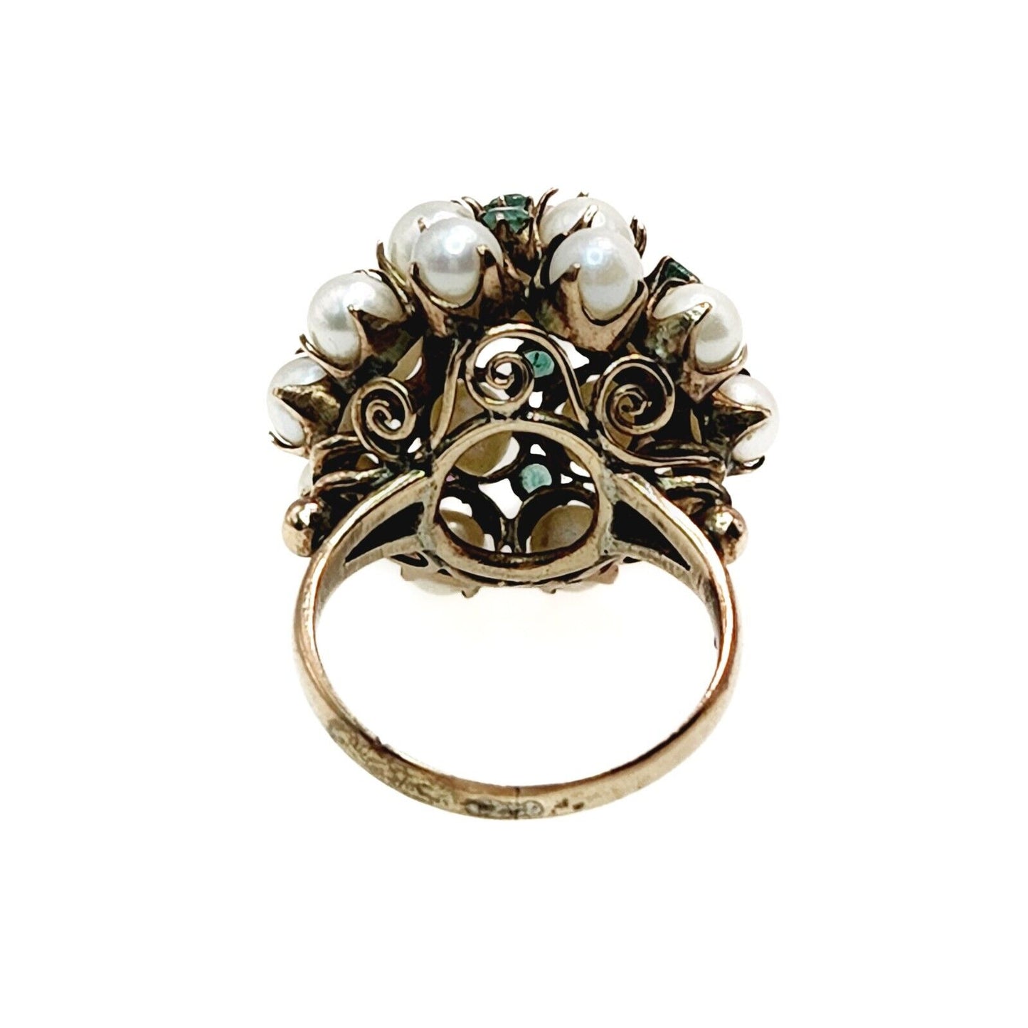 Vintage 1950s Emerald, Cultured Akoya Pearl, and 10K Yellow Gold Cocktail Ring 