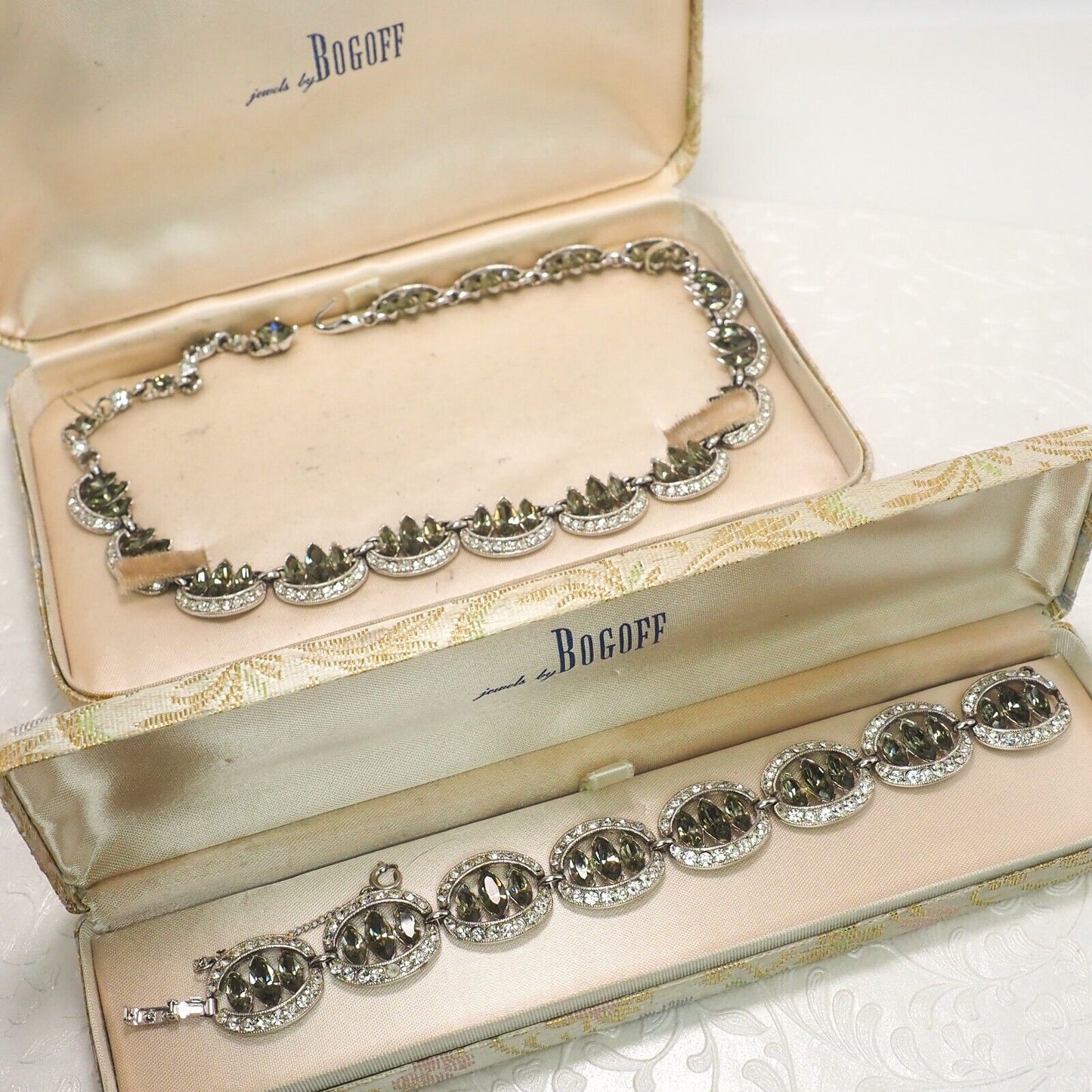 Vintage 50s BOGOFF Marquise Rhinestone and Silver Tone Necklace and Bracelet Set