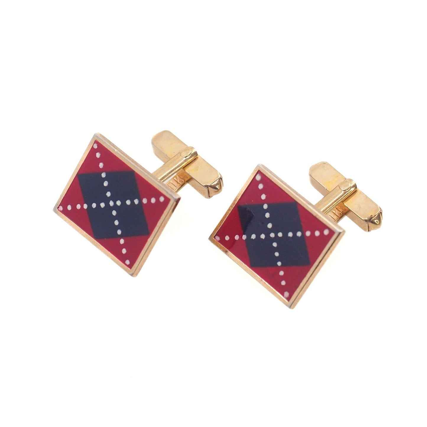 Vintage 1970s SWANK Blue and Red Argyle Pattern Gold Tone Unisex Cufflinks